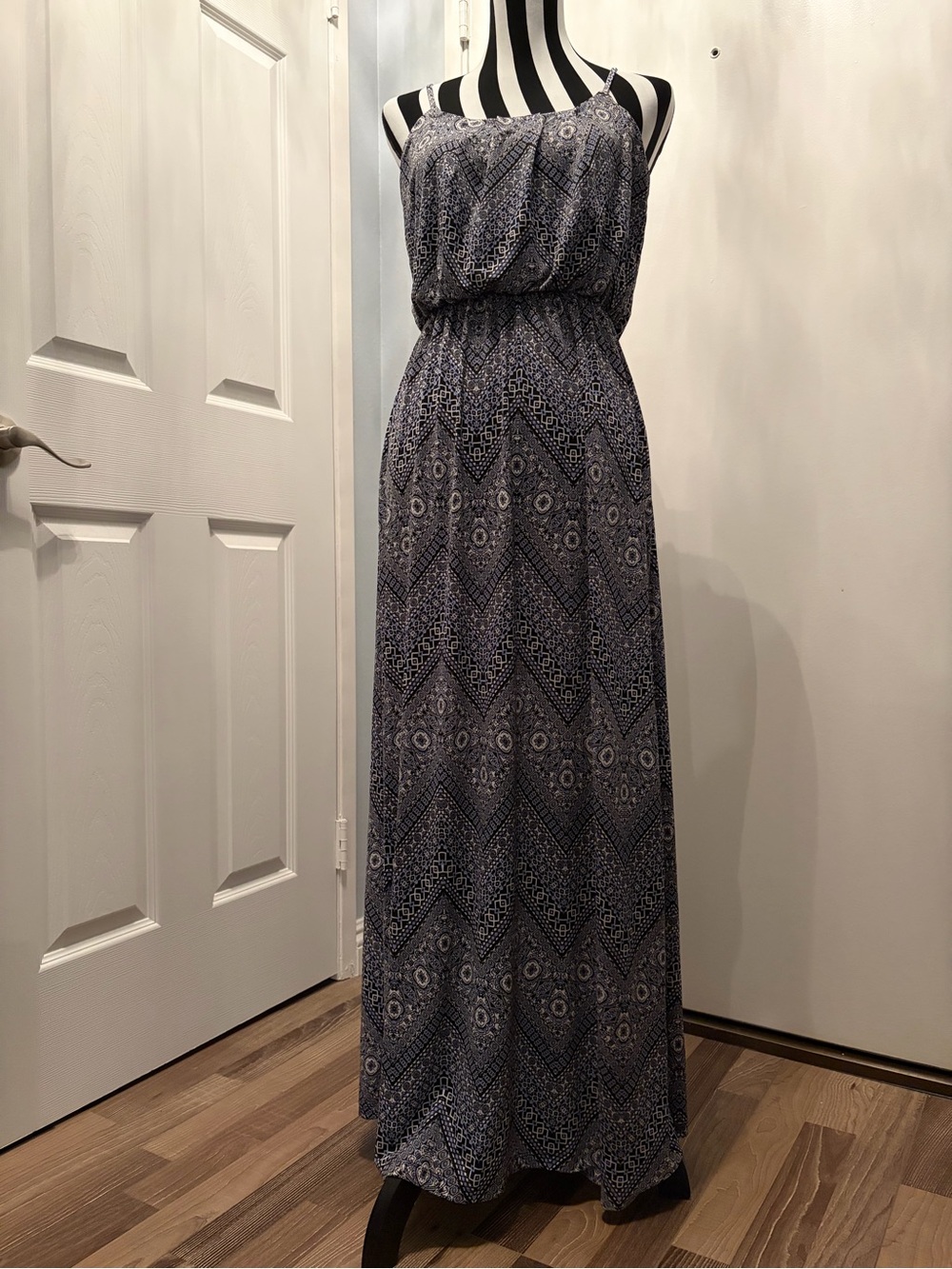Printed Navy Maxi Dress with Adjustable Spaghetti Straps